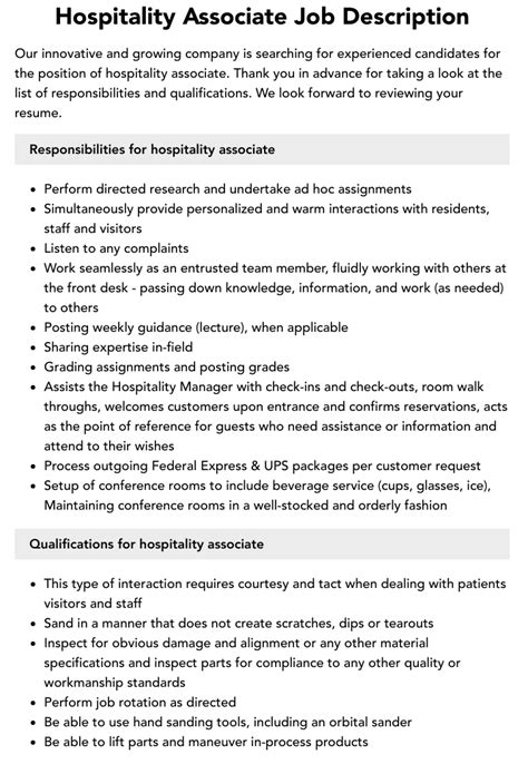 Hospitality Associate Job Description - Jooble