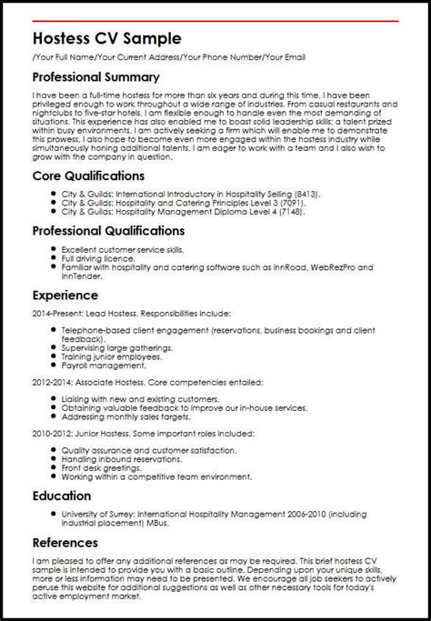 Hostess CV Sample MyPerfectCV