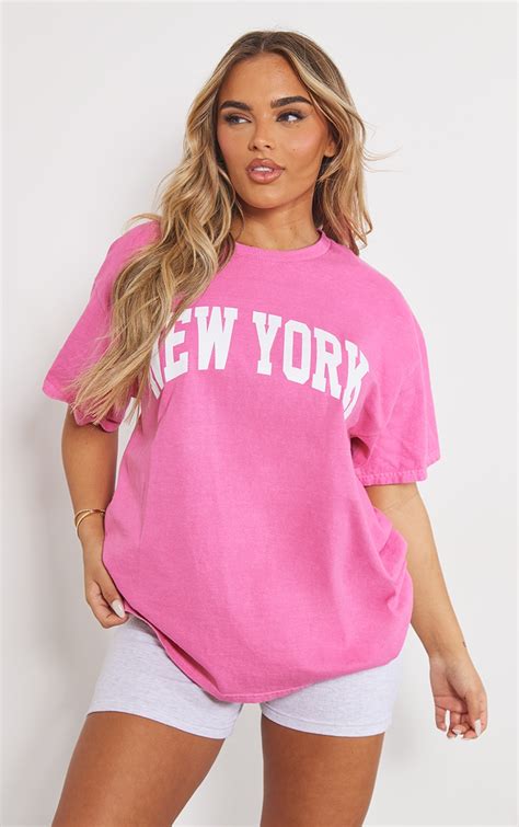 Hot Pink Washed New York Print Fitted T Shirt PrettyLittleThing