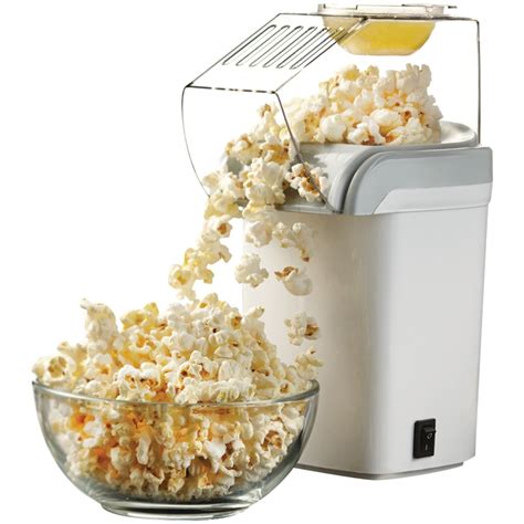 Hot air popcorn machine. 2. Best Air Technology: Dash Hot Air Popcorn Popper Maker. Buy on Amazon | $24.99 Buy on Walmart. The Dash Hot popcorn maker is designed with hot air technology to pop out 16 cups of hot and fresh popcorn efficiently. It uses 1400 watts of power and allows all the kernels to pop easily . 