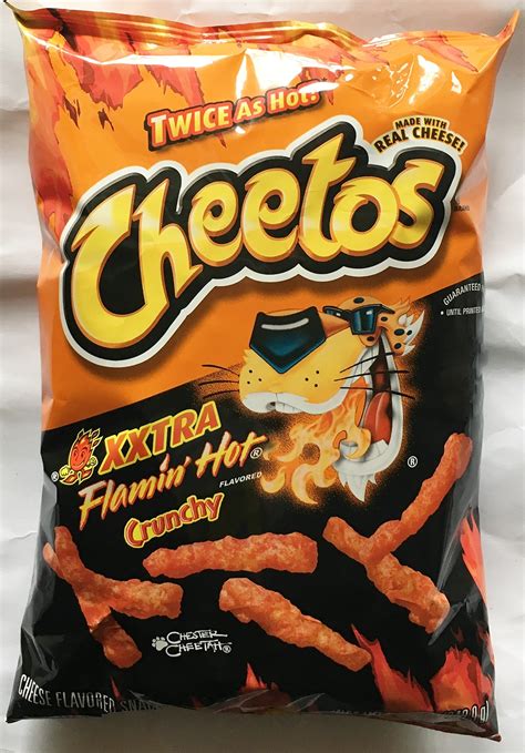 Hot cheetos xxtra hot. Description. Bring a cheesy, spicy crunch to snack time with a bag of Crunchy Flamin' Hot Cheetos. Made with real cheese for maximum flavor, these spicy Cheetos will make the perfect addition to the snack table whether you're hanging out at home watching a movie or hosting a barbecue, party or another get-together. Contains: Milk. 