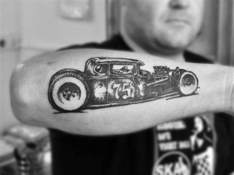 Hot rod tattoo. 50 posts · Joined 2004. #18 · Nov 14, 2008. I'm actually a tattoo artist, have been since 1996. I don't get to do near enough hot rod stuff as I'd like to. The odd thing here and there. Recently I was asked to do this really cool idea. He wanted a character from a movie, and I did it in a sort of Ed Roth style. 