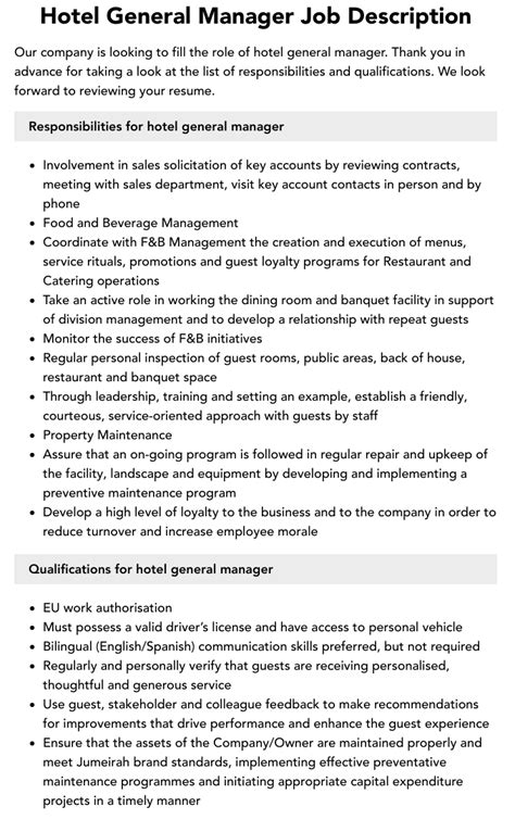 Hotel General Manager Job Description - WizeHire Hiring …