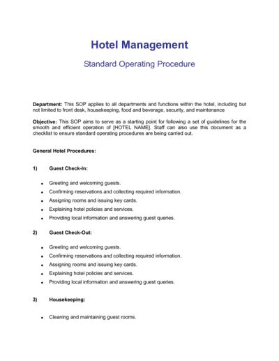 Hotel standard operating procedures pdf.  It includes job descriptions an...