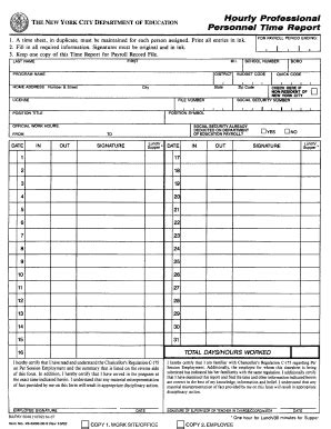 Hourly Professional Personnel Time Report Hourly Professional Personnel Time Report THE NEW YORK CITY DEPARTMENT OF EDUCATION 1. A time sheet, in duplicate, must be maintained for each person assigned. Print all entries in ink. 2. Fill in all required information. Signatures must be original and in ink. 3.. 