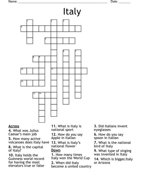 It, in Italy - Crossword Clue. Below are possible answers for the crossword clue It, in Italy. 4 letter answer(s) to it, in italy. ESSA. ESSO. Other crossword clues with similar answers to 'It, in Italy' "Happy Motoring" brand "Happy Motoring" company "Happy Motoring" sloganee "Put a tiger in your tank. 