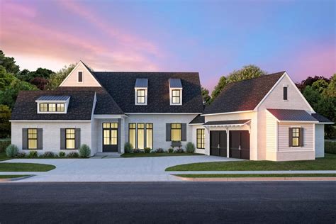 This New American house plan has an angled 2-car garage, multiple gables with decorative brackets and a rustic covered vaulted entry (6' by 3'4') lending it great curb appeal.A 15'10' cathedral ceiling in the foyer greets you and leads you to the open, welcoming interior. The great room has a 10' coffered ceiling and a fireplace on the right wall.. 