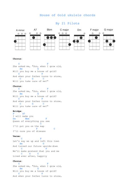 House Of Gold tablatura per ukulele di Twenty One Pilots, gli accordi della canzone sono C,F,Am,G,A7,Dm,Bbm(facile).. 