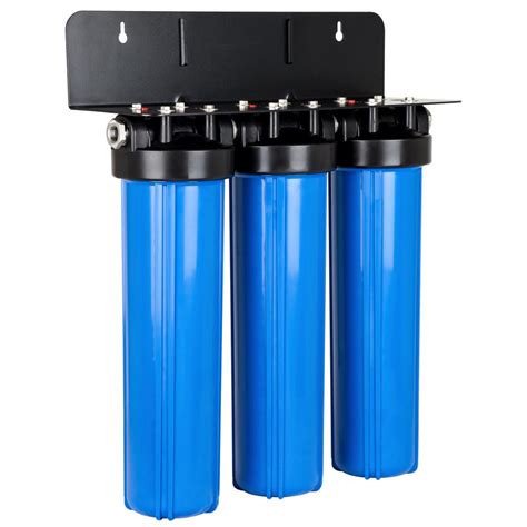 House water filter system. With 1 in. NPT inlet / outlet and 20 in. x 4.5 in. water filter cartridges, WGB32BM whole home water filter system has minimum impact on water flow (up to 15 GPM) and requires minimum maintenance. Top-notch quality - the first stage high capacity polypropylene sediment filter achieves filtration down to 5 microns. 