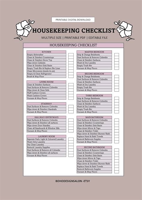 Housekeeping Checklist Printable Template Editable File