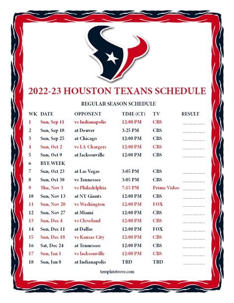 Houston Texans Schedule 2022 Printable