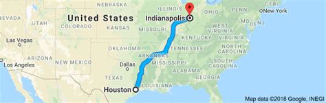 There are 865.82 miles from Houston to Indianapolis in northeast direction and 1,015 miles (1,633.48 kilometers) by car, following the I-70 route.. Houston and Indianapolis are 16 hours 16 mins far apart, if you drive non-stop .. This is the fastest route from Houston, TX to Indianapolis, IN. The halfway point is Palestine, AR. Please note the time difference …. 