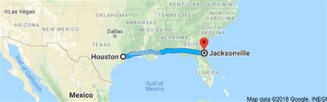 All flight schedules from George Bush Intcntl Houston , Texas , USA to Jacksonville International , Florida , USA . This route is operated by 1 airline (s), and the flight time is 2 hours and 24 minutes. The distance is 819 miles.. 