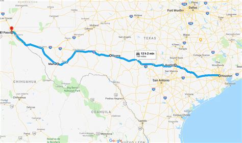 Driving directions from El Paso to Houston. El Paso, TX. E 167 miles 2 hours, 22 minutes. Pecos, TX. E 383 miles 5 hours, 13 minutes. San Antonio, TX. E 6 miles. 6 minutes, 25 seconds.