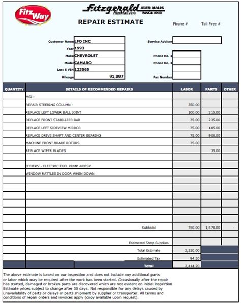 How To Use A Collision Repair Estimate Template Free Sample, Example