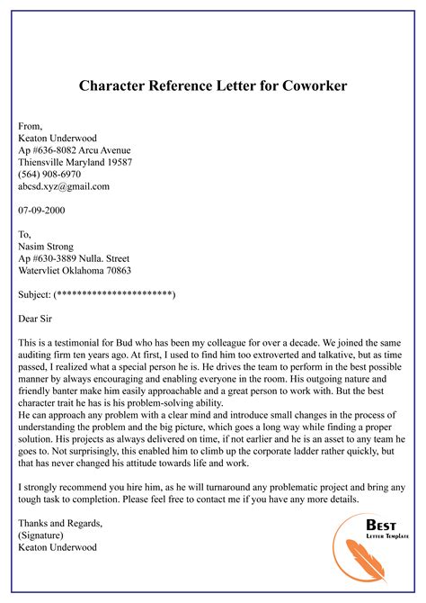 How To Write A Character Reference Letter For Coworker