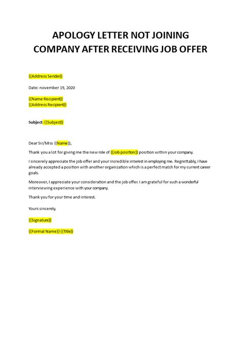 How To Write Apology Letter For Not Accepting A Job Offer