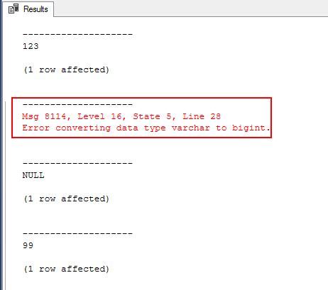 How do try_cast error handling in a query with long results