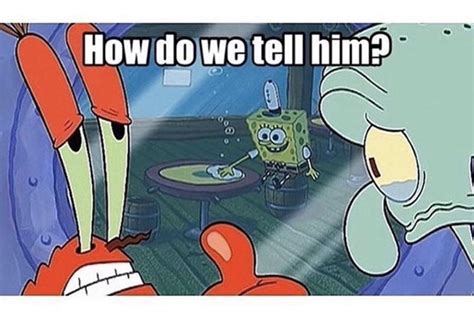 How do we tell him spongebob meme. Details. File Size: 816KB. Duration: 1.200 sec. Dimensions: 498x275. Created: 12/8/2021, 7:55:40 PM. The perfect How Do We Tell Him Mr Krabs Spongebob Animated GIF for your conversation. Discover and Share the best GIFs on Tenor. 