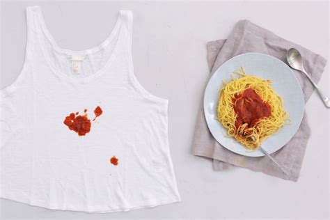 How do you get tomato sauce stains out of clothes. One effective method for removing spaghetti sauce stains from white clothes is to create a solution of one part vinegar and two parts water. Gently dab the solution onto the stain with a clean cloth, being careful not to rub it in further. Let it sit for a few minutes, then rinse with cold water. Repeat as necessary until the stain is gone. 