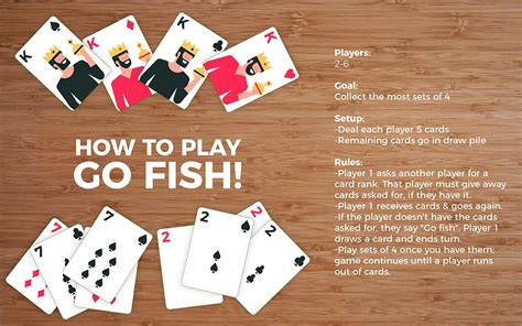 How do you play go fish card game. Go Fish is a fun card game that uses a standard 52 card deck. It can be played with 2 people or more. The first thing you do is deal cards to the players. For 2 to 3 players you deal each player 7 cards. If there are more than three players, deal 5 cards each. The rest of the deck is then spread out in the middle of the players face down. 
