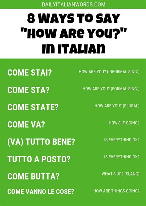 How do you say how are you in italian. In Italian, there are several ways to say "how are you". Use the right “how are you” and Italian people will open up to you and gladly tell you about their day, thoughts and … 