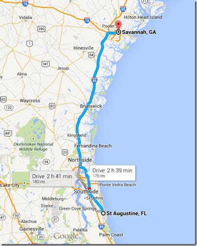 La distanza da Savannah a St. Augustine è di 284 chilometri attraverso strada includendo 249 chilometri in autostrada.