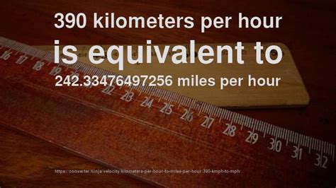 How fast is 390 km in mph. To convert 390 km to miles, multiply 390 by 0.62137119223 (or divide by 1.609344), that makes 390 km equal to 242.334765 miles. 390 km to miles formula. mile = km value * 0.62137119223. mile = 390 * 0.62137119223. mile = 242.334765. Common conversions from 390.x km to miles: (rounded to 3 decimals) 390 km = 242.335 miles; 390.1 km = 242.397 miles 