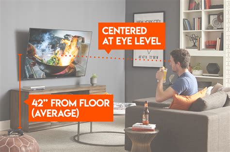 How high should a tv be mounted. How High Should A 55” TV Be Off the Floor? Image Credit: RossHelen, Shutterstock. You want the middle of any TV to be about 42” off of the floor. Therefore, if you have a 55” TV, the bottom should be mounted about 28.5” off the floor. If you want to measure the TV, then use this measurement. However, it does not have to be exact. 