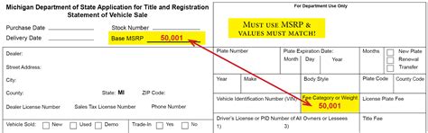 How is michigan registration fee calculated. This is a use tax registration. Michigan's use tax rate is six percent. This tax will be remitted to the state on monthly, quarterly or annual returns as required by the Department. For transactions occurring on or after October 1, 2015, an out-of-state seller may be required to remit sales or use tax on sales into Michigan. 