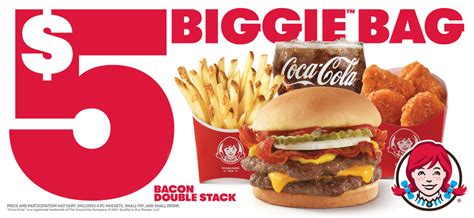 With the Wendy’s Biggie Bag, you can get a sandwich, small fries, 4-piece chicken nuggets, and a small drink or Frosty for only $5. Here’s how much you’ll be saving with each Wendy’s Biggie Bag: Double Stack Biggie Bag: Originally $10.46 — a 52.2% savings; Crispy Chicken BLT Biggie Bag: $10.36 — a 51.7% savings. 