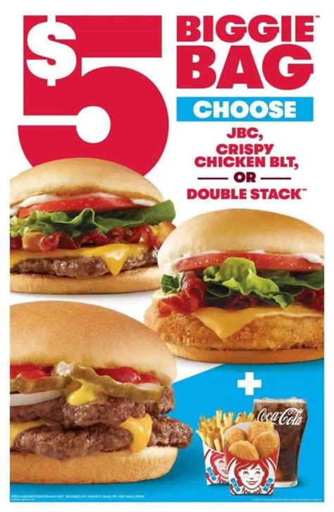 The popular meal deal includes the following: Choose one of the following sandwiches: Jr. Bacon Cheeseburger , Double Stack or Crispy Chicken Sandwich. Chicken nuggets (4-piece) Small fries. Small drink. In total, the Biggie bag is valued at about $12. That’s why the offer is such a big deal for budget-conscious diners.. 