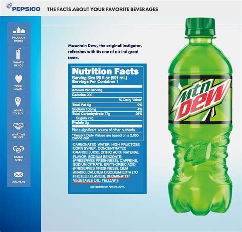 How many calories is in a mountain dew. Dec 8, 2020 · There are 110 calories in 8 fl oz (240 ml) of Mountain Dew Mountain Dew.: Calorie breakdown: 0% fat, 100% carbs, 0% protein. 