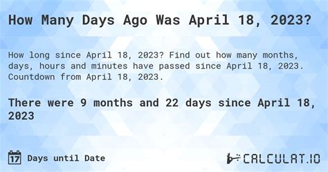How many days until april 2023. April 13, 2023 falls on a Thursday (Weekday) This Day is on 15th (fifteenth) Week of 2023. It is the 103rd (one hundred third) Day of the Year. There are 262 Days left until the end of 2023. April 13, 2023 is 28.22% of the year completed. It is 44th (forty-fourth) Day of Spring 2023. 2023 is not a Leap Year (365 Days) Days count in April 2023: 30. 