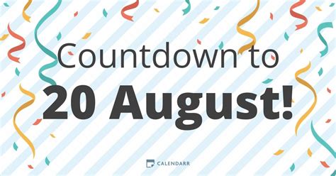How many days until august 30 countdown. August 29, 2023 falls on a Tuesday (Weekday) This Day is on 35th (thirty-fifth) Week of 2023. It is the 241st (two hundred forty-first) Day of the Year. There are 124 Days left until the end of 2023. August 29, 2023 is 66.03% of the year completed. It is 90th (ninetieth) Day of Summer 2023. 2023 is not a Leap Year (365 Days) Days count in ... 