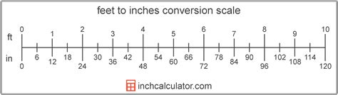 How many inches is 10 ft. Feet to Inches. 120 Inches. To calculate 10 Feet to the corresponding value in Inches, multiply the quantity in Feet by 12 (conversion factor). In this case we should multiply 10 Feet by 12 to get the equivalent result in Inches: 10 Feet x 12 = 120 Inches. 
