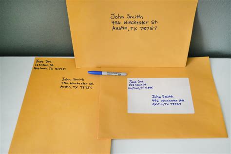 How many stamps to mail a large envelope. For shipments mailed at a postal counter, prepare and affix the elements separately. A business with sporadic shipments can use self-adhesive labels and a word processing program to make both return and destination labels. Place the labels on the package horizontally, leaving room in the upper right hand corner for postage. 