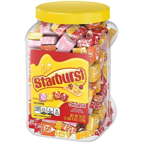 How many starburst fit in a 32 oz jar. Highlights. Contains one (1) 54-ounce jar of STARBURST Original Fruit Chews Candy. Features your favorite STARBURST Flavors: strawberry, cherry, orange and lemon. Perfect for candy buffets, piñatas and parties. Gluten-free, fruit-flavored candy chews with a soft, chewy texture. Read more. 