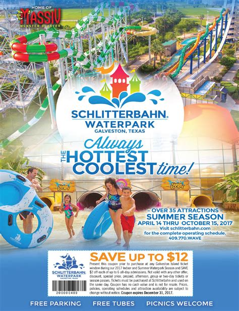 How much are schlitterbahn tickets at h-e-b. 1. Schlitterbahn Discount for 1-Day & 2-Day Tickets. Schlitterbahn New Braunfels Discount Tickets are available starting at $49.99 for a 1-day admission ticket and from $87.99 for a 2-day admission ticket. They are available from AresTravel, an authorized ticket seller of attraction tickets. 