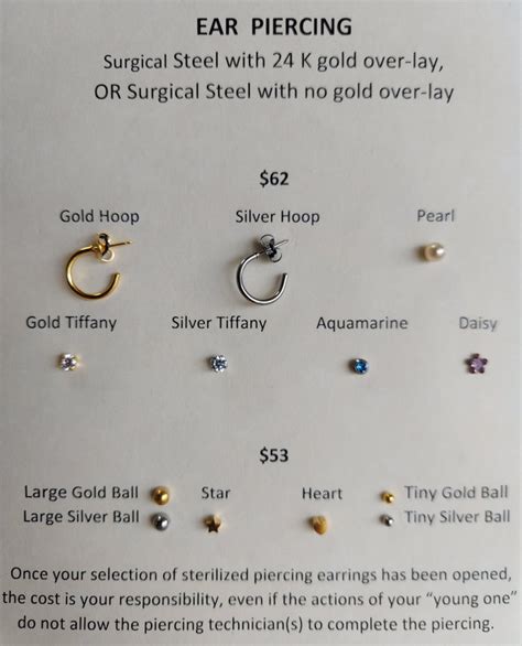 How much does a piercing cost. Body piercing prices can range from $35 to $60. Check with your store for exact availability and fees. Lobe: $35. Helix, Conch, Flat, Nostril, Eyebrow: $40. Tragus, Rook, Anti … 