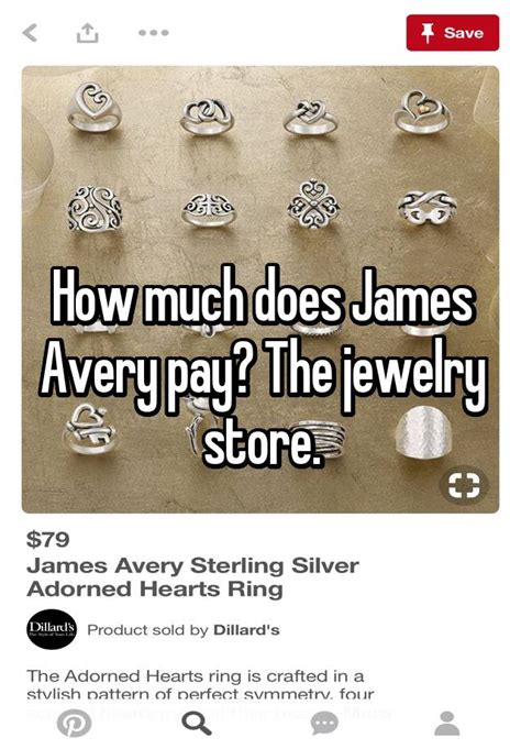 How much does james avery pay per hour. The estimated total pay range for a Part Time Sales Associate at James Avery is $14–$20 per hour, which includes base salary and additional pay. The average Part Time Sales Associate base salary at James Avery is $17 per hour. The average additional pay is $0 per hour, which could include cash bonus, stock, commission, profit sharing or tips. 