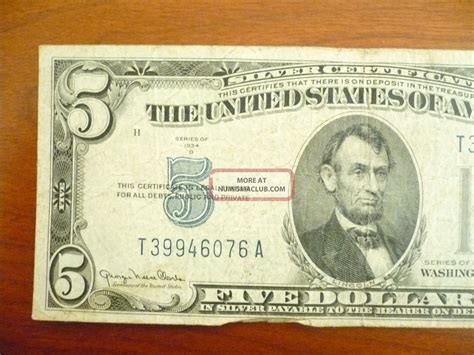 1934 Five Dollar Silver Certificate $5 Bill Blue Seal Note H