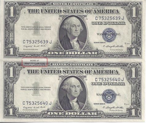 How much is a 1935 g silver certificate worth. 1935 : WAJ, FMV: $ 0.98: 6%: P#416b. Series 1935 B: 1935 : WAJ, JWSy: $ 2.30: $ 2.30: $ 2.30: $ 3.60: $ 5.10: $ 17: $ 26: 19%: P#416c. Series 1935 C: 1935 : GNC, JWSy: $ 1.90: … 