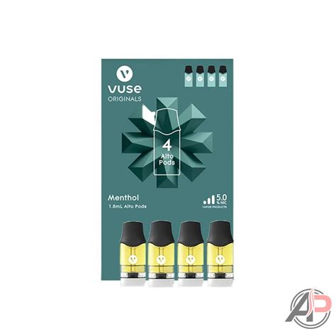 Vuse Alto Pods 5% 1 Pack – Menthol. $ 8.99. or 4 interest-free payments of $2.25 with. ⓘ. In stock. Add to cart. Pack of 1x Vuse Alto Pod. 5% Nicotine Salt Juice (50mg) Menthol Flavor.. 