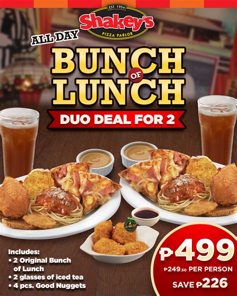 How much is bunch of lunch. Bacchanal Buffet. Shakey’s Pizza Buffet Prices. Get ready to dive into a pizza … 