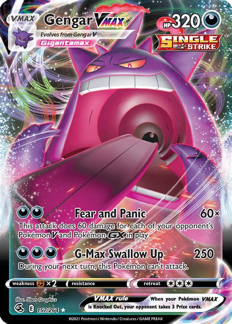 2021 Pokemon SWSH Fusion Strike Full Art Gengar VMAX #157/264 - PSA 10 GEM ... $100.00. 2021 Pokemon Fusion Strike Full Art Gengar Vmax #157 PSA 10. $150.00. 2021 Pokemon SWSH Fusion Strike 157/264 Full Art/Gengar Vmax PSA 9 MINT. $34.99. Every effort has been made to ensure the integrity of the data but transcription and other errors …. 