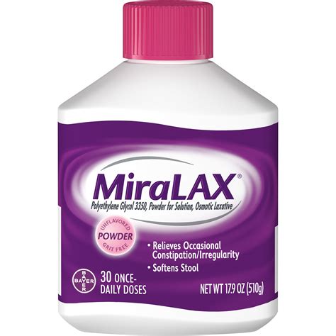 For its approved use, the recommended dosage is 17 g to be taken once per day. MiraLAX is used to treat occasional constipation. The recommended maximum dosage is 17 g taken once per day for 7 days. Ask your doctor or pharmacist if you have questions about the dosage of MiraLAX.