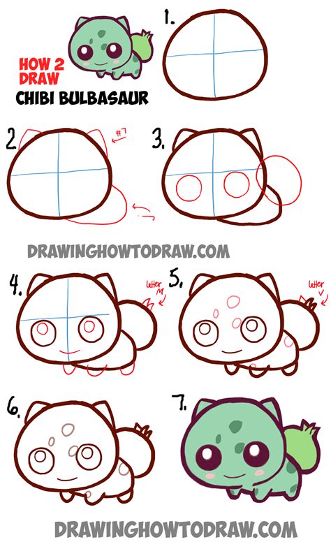How to Draw Cute Baby Chibi Bulbasaur from Pokemon in Easy Steps