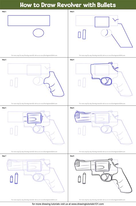 How to Draw Revolver with Bullets printable step by step drawing sheet