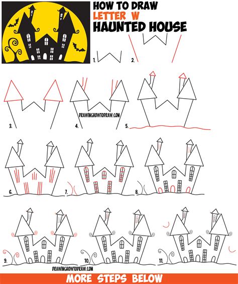 How to Draw a Cartoon Haunted House Step by Step in Silhouette with
